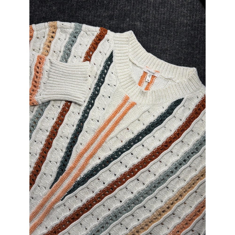 Maurices Chenille Striped Pointelle Knit Sweater Cream Orange Teal 1X